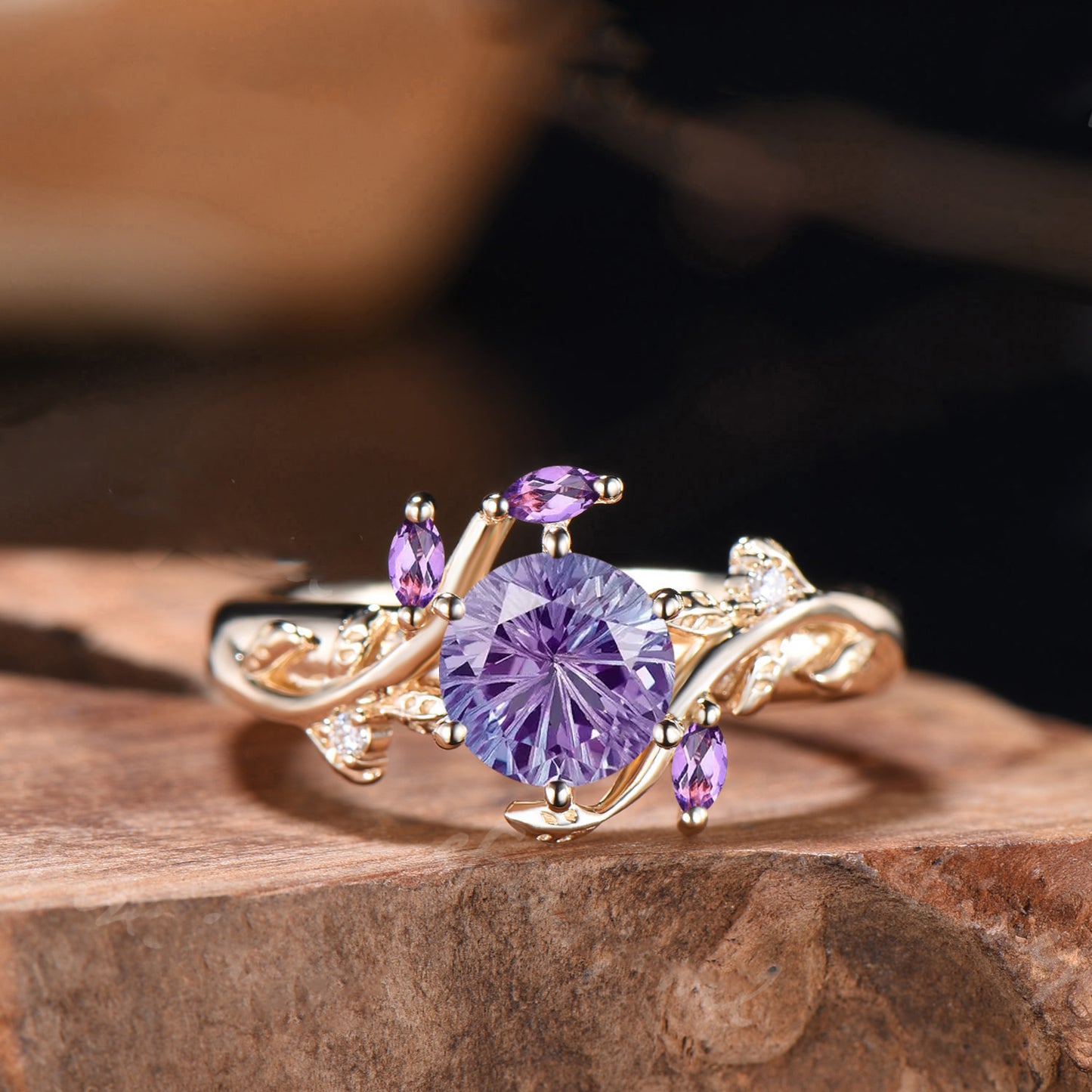 Special Round Shaped Firework Cut Color-change Alexandrite Engagement Ring Marquise Gems Twig Leaf Natural Inspired Ring Anniversary Gifts