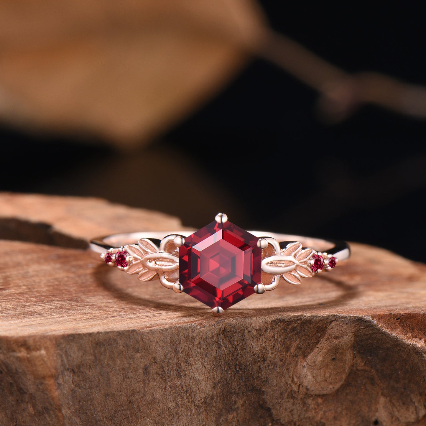 Unique Ruby Wedding Ring Set Cute 1CT Hexagon Cut Ruby Leaf Engagement Ring Moissanite Curved Matching Band Anniversary Gifts For Women