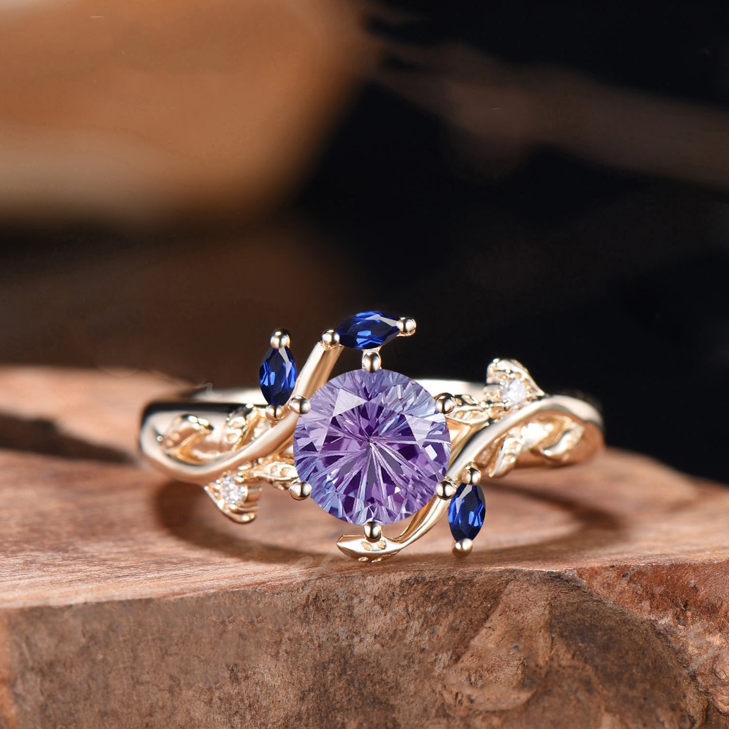 Special Round Shaped Firework Cut Color-change Alexandrite Engagement Ring Marquise Gems Twig Leaf Natural Inspired Ring Anniversary Gifts
