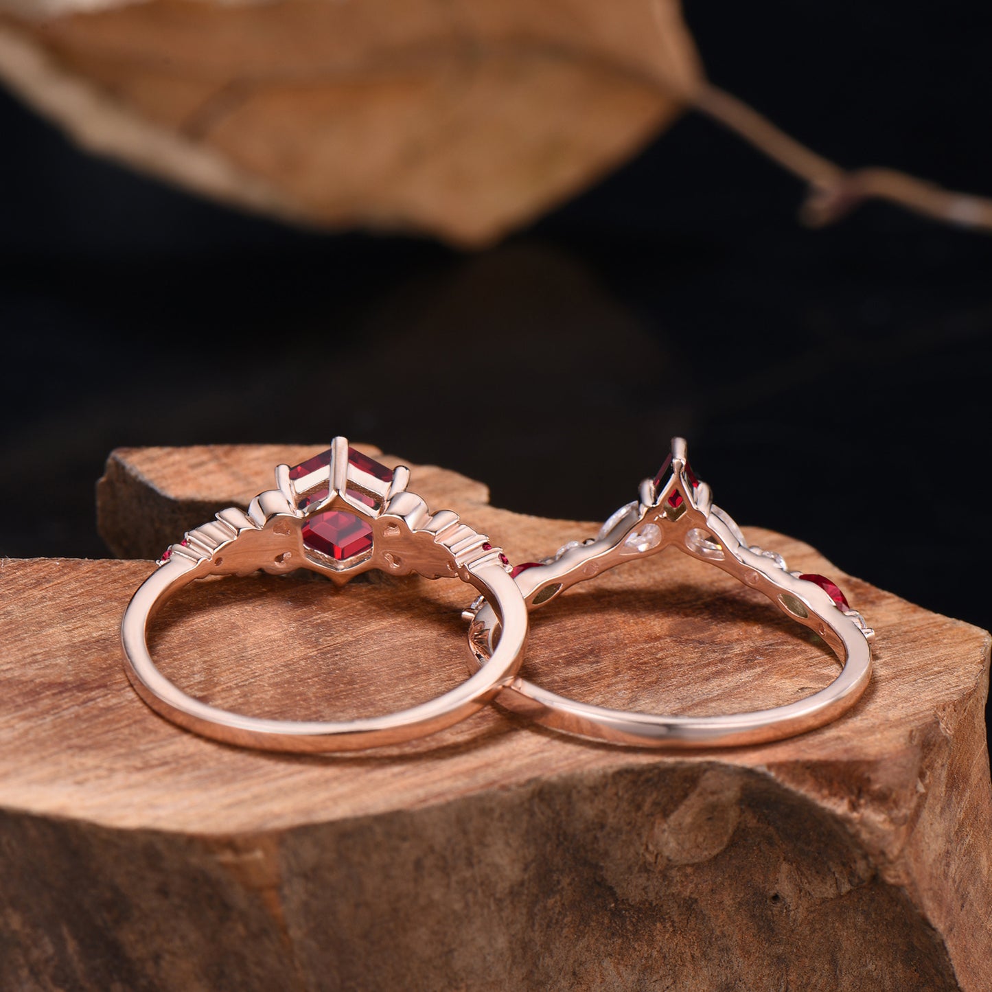 Unique Ruby Wedding Ring Set Cute 1CT Hexagon Cut Ruby Leaf Engagement Ring Moissanite Curved Matching Band Anniversary Gifts For Women