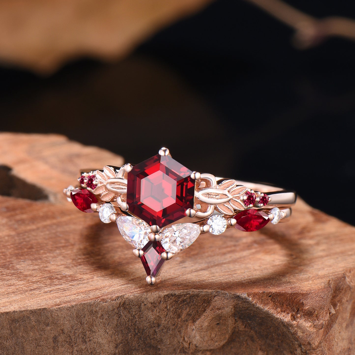 Unique Ruby Wedding Ring Set Cute 1CT Hexagon Cut Ruby Leaf Engagement Ring Moissanite Curved Matching Band Anniversary Gifts For Women