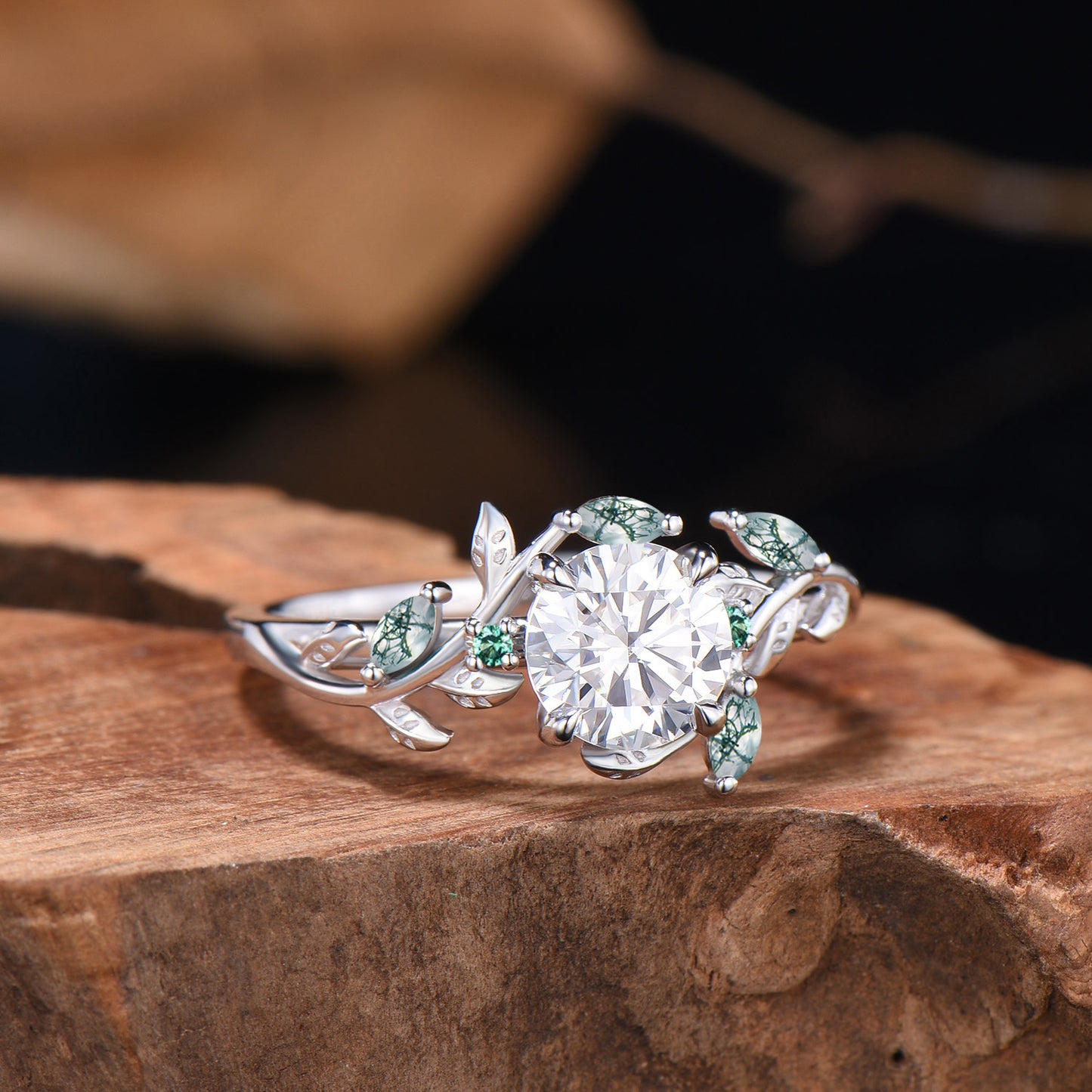 1 Carat round brilliant diamond engagement ring Nature Inspired moss agate twig vine wedding ring IGI certificate CVD diamond promise ring