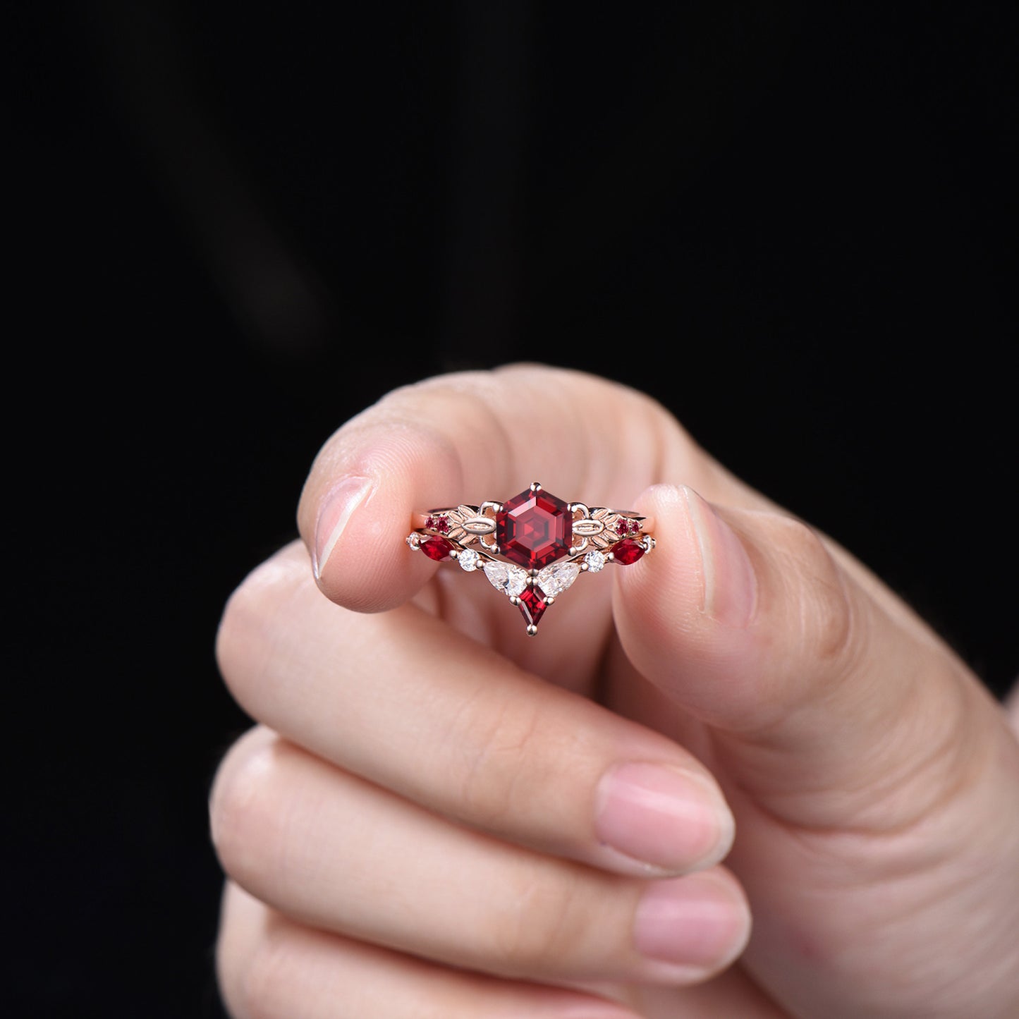 Unique Ruby Wedding Ring Set Cute 1CT Hexagon Cut Ruby Leaf Engagement Ring Moissanite Curved Matching Band Anniversary Gifts For Women