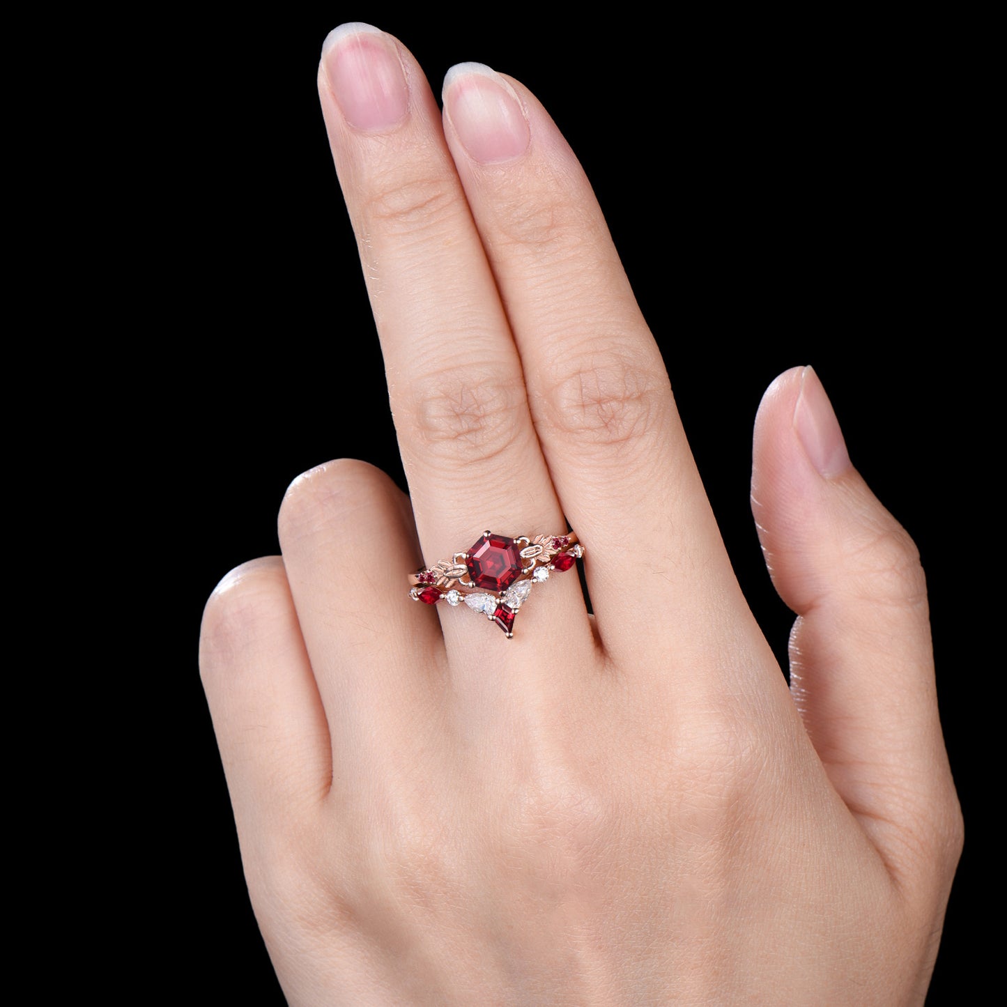 Unique Ruby Wedding Ring Set Cute 1CT Hexagon Cut Ruby Leaf Engagement Ring Moissanite Curved Matching Band Anniversary Gifts For Women
