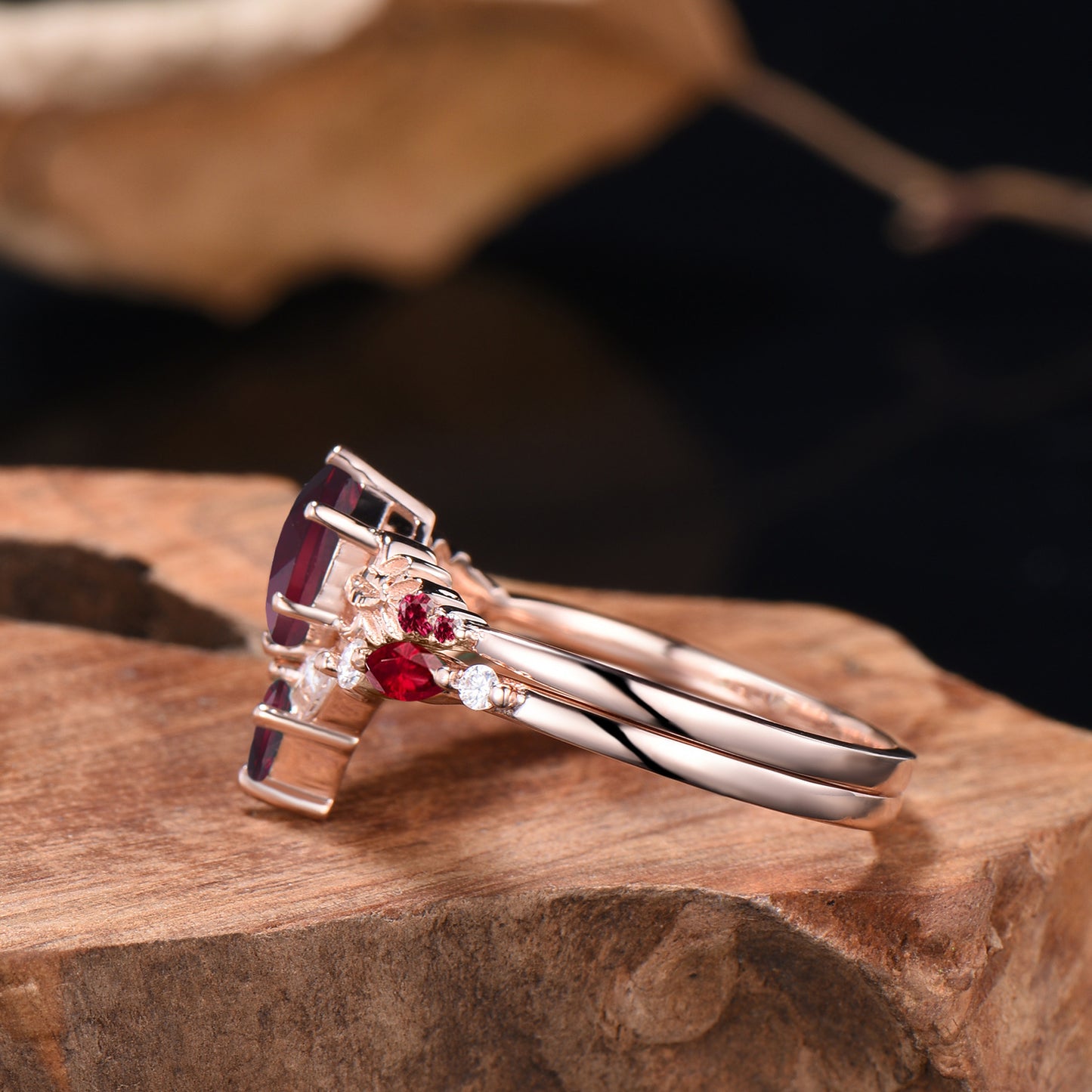 Unique Ruby Wedding Ring Set Cute 1CT Hexagon Cut Ruby Leaf Engagement Ring Moissanite Curved Matching Band Anniversary Gifts For Women