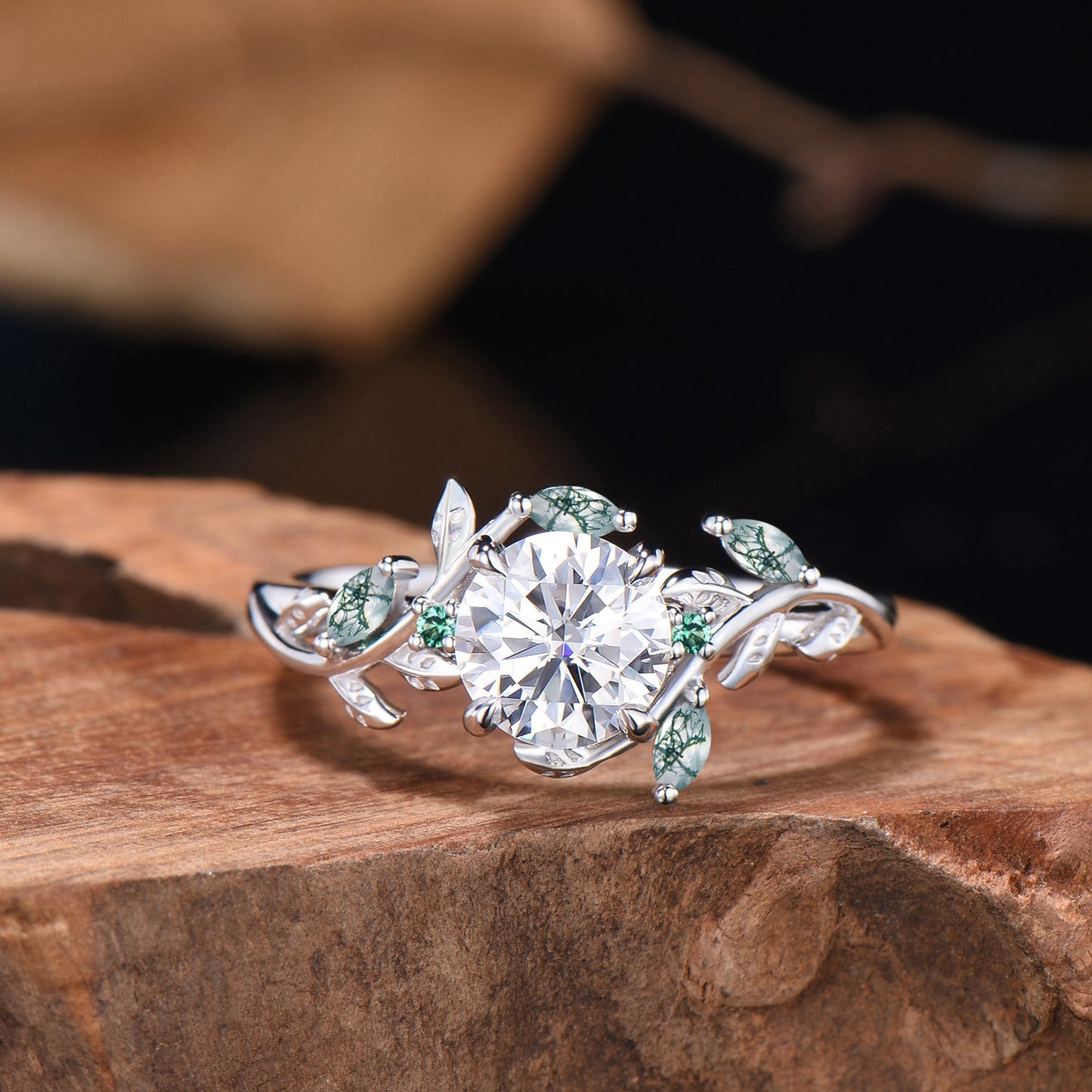 1 Carat round brilliant diamond engagement ring Nature Inspired moss agate twig vine wedding ring IGI certificate CVD diamond promise ring