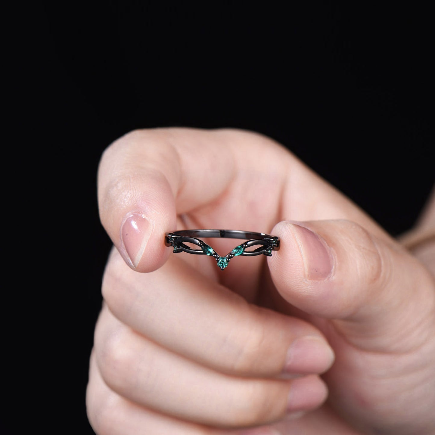 Black Gold Wedding Ring Mixed Cut Emerald V Curved 14k 18k Gold Matching Band Infinity Stacking Band Handmade Anniversary Gifts For Women