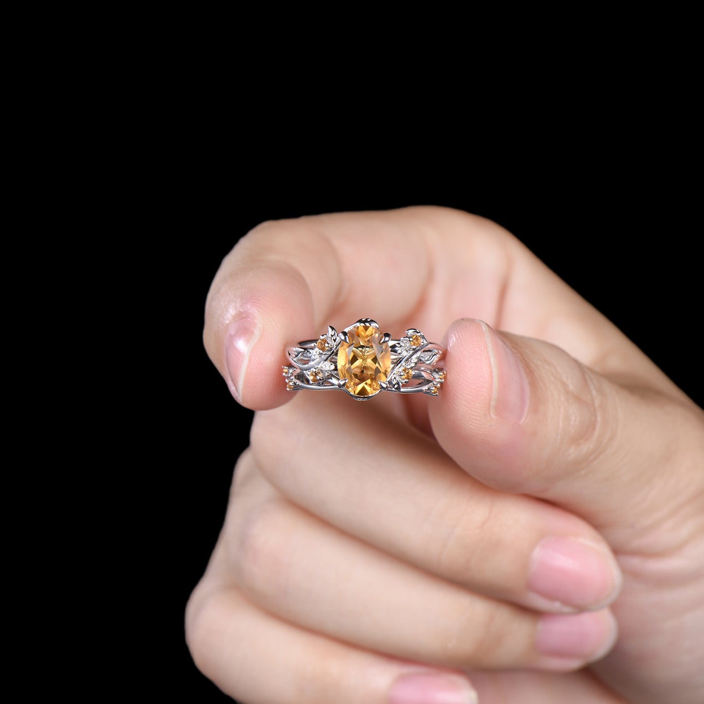 Oval Cut Natural Citrine Leaf Engagement Ring Set Nature Inspired Leafy Ring Bridal Set Anniversary Gifts