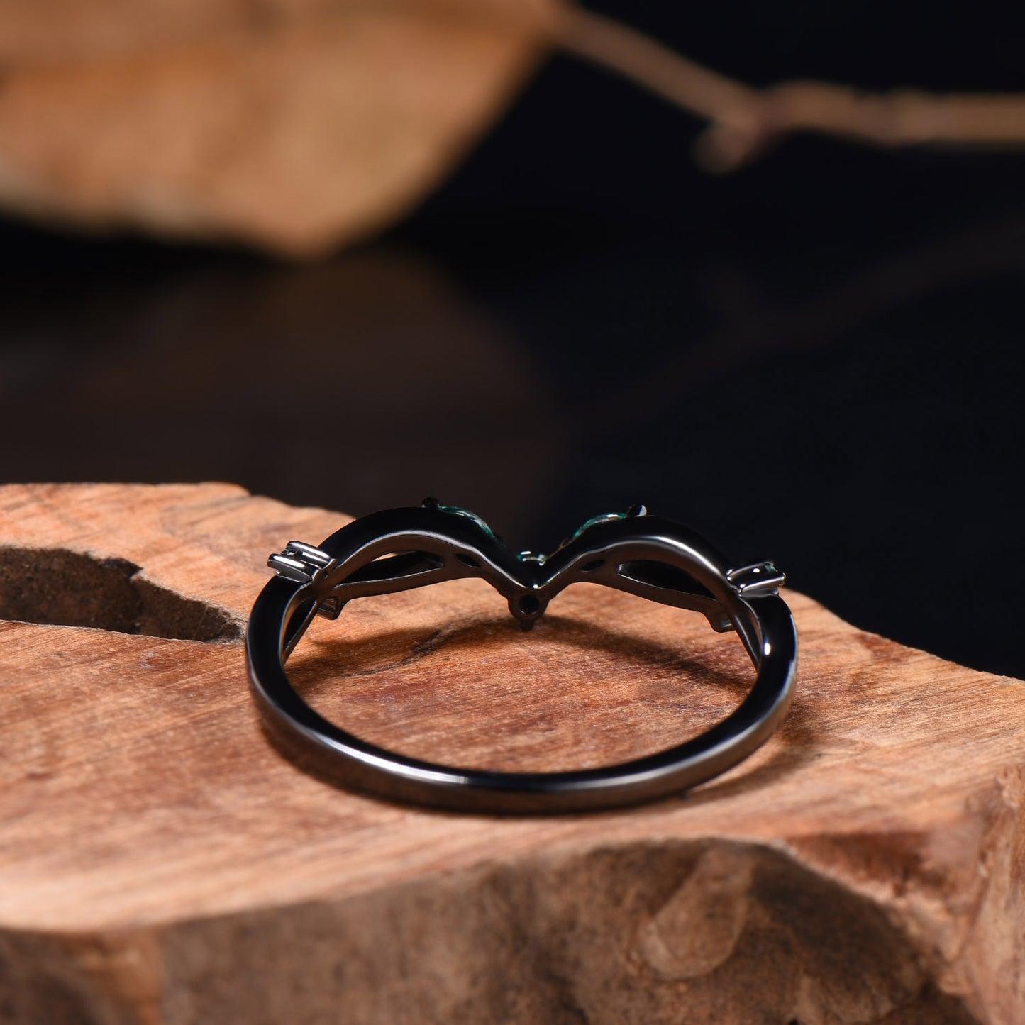 Black Gold Wedding Ring Mixed Cut Emerald V Curved 14k 18k Gold Matching Band Infinity Stacking Band Handmade Anniversary Gifts For Women