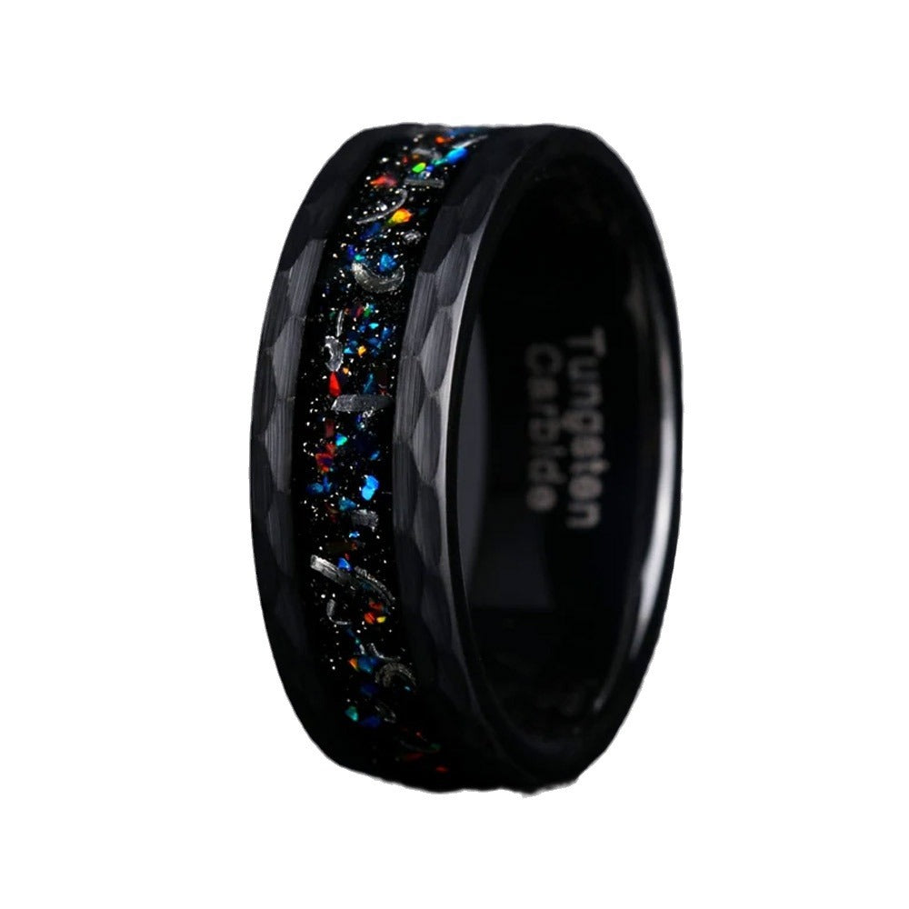 8mm tungsten gold men's wedding band steel hammered black ring inlaid with colored opal - PENFINE