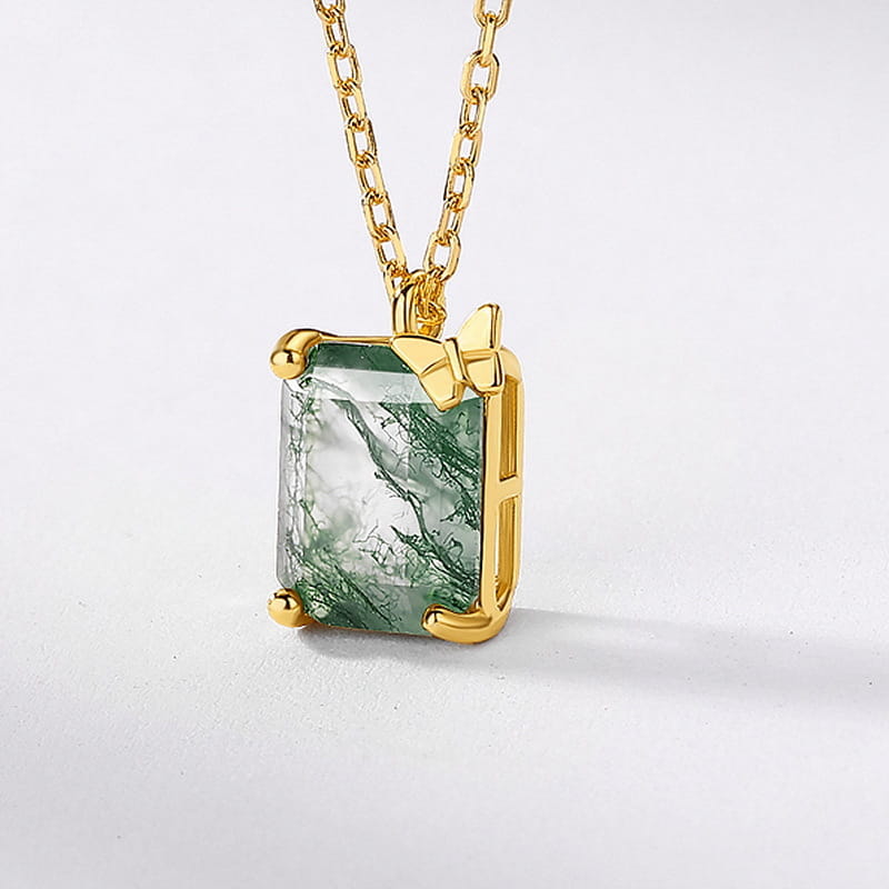 Emerald Cut Moss Agate Butterfly Necklace - 7x9mm Natural Gemstone Pendant