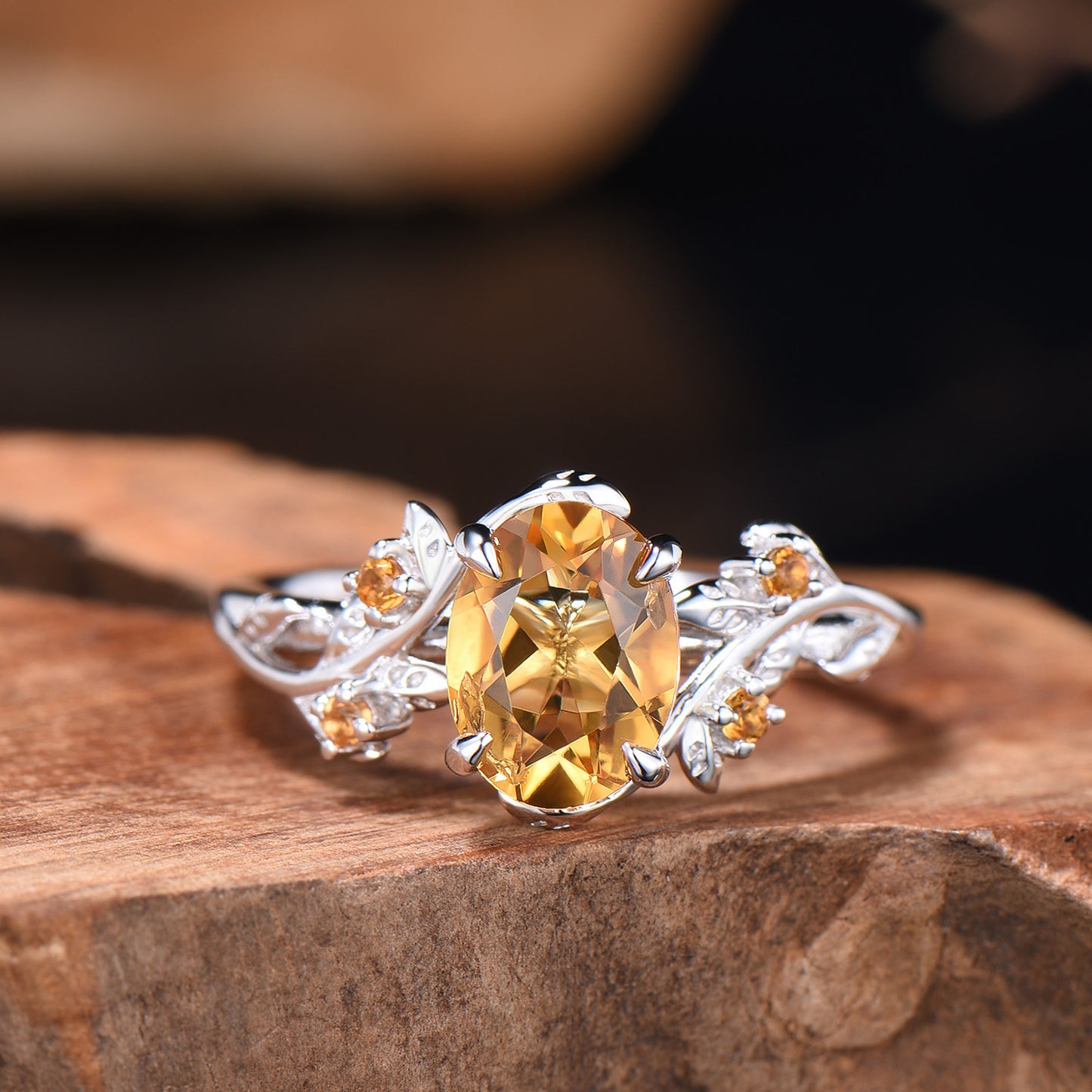 Oval Cut Natural Citrine Leaf Engagement Ring Set Nature Inspired Leafy Ring Bridal Set Anniversary Gifts
