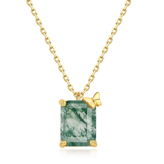 Emerald Cut Moss Agate Butterfly Necklace - 7x9mm Natural Gemstone Pendant