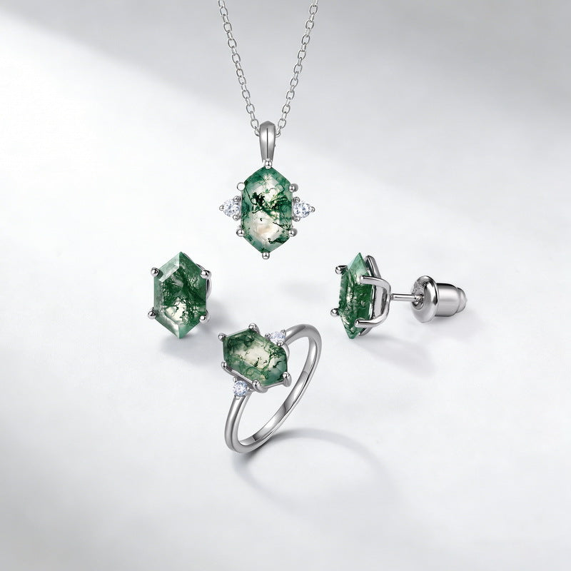 Hexagon Moss Agate Pendant Necklace- Three Stone