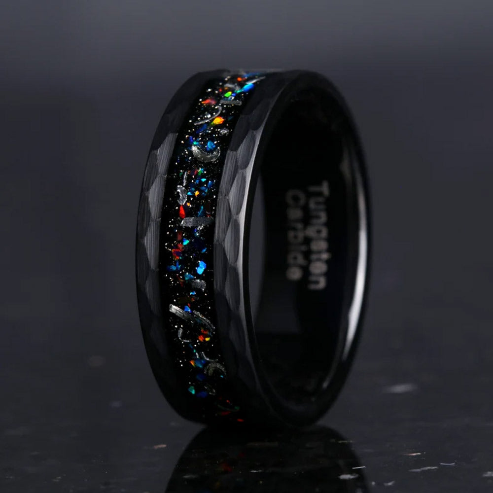 8mm tungsten gold men's wedding band steel hammered black ring inlaid with colored opal - PENFINE
