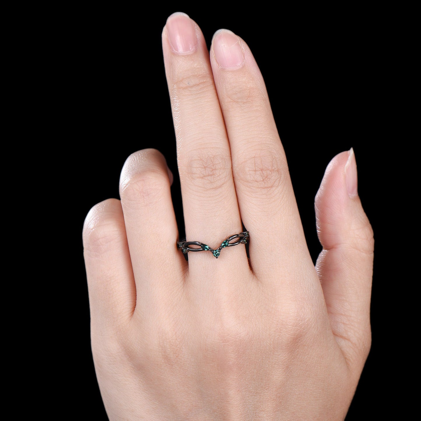 Black Gold Wedding Ring Mixed Cut Emerald V Curved 14k 18k Gold Matching Band Infinity Stacking Band Handmade Anniversary Gifts For Women