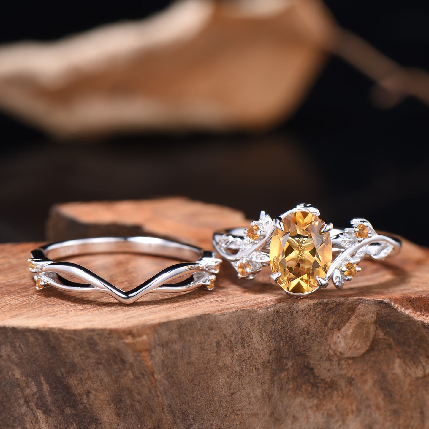 Oval Cut Natural Citrine Leaf Engagement Ring Set Nature Inspired Leafy Ring Bridal Set Anniversary Gifts