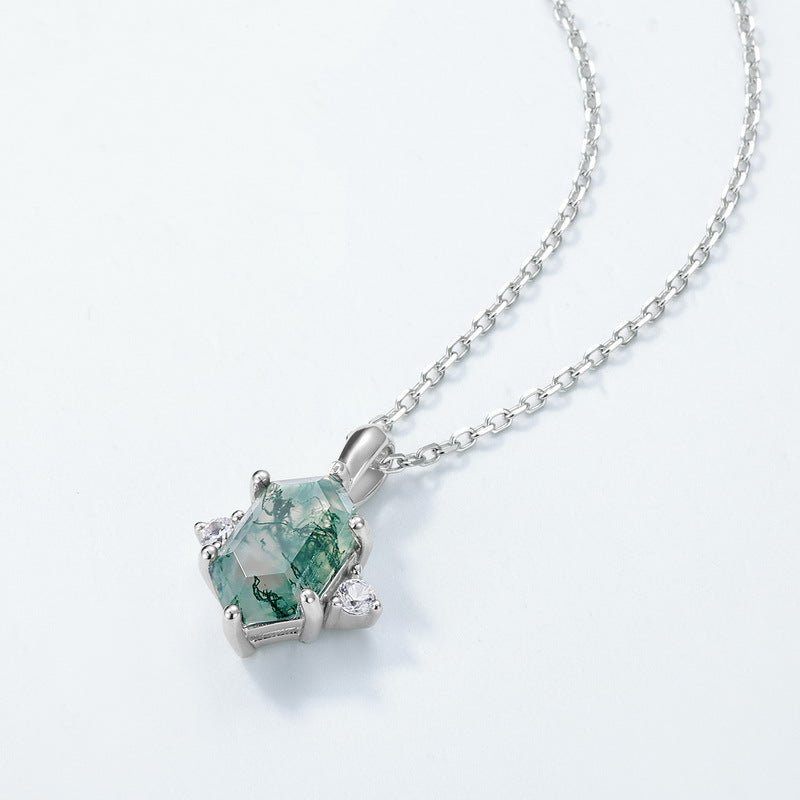 Hexagon Moss Agate Pendant Necklace- Three Stone