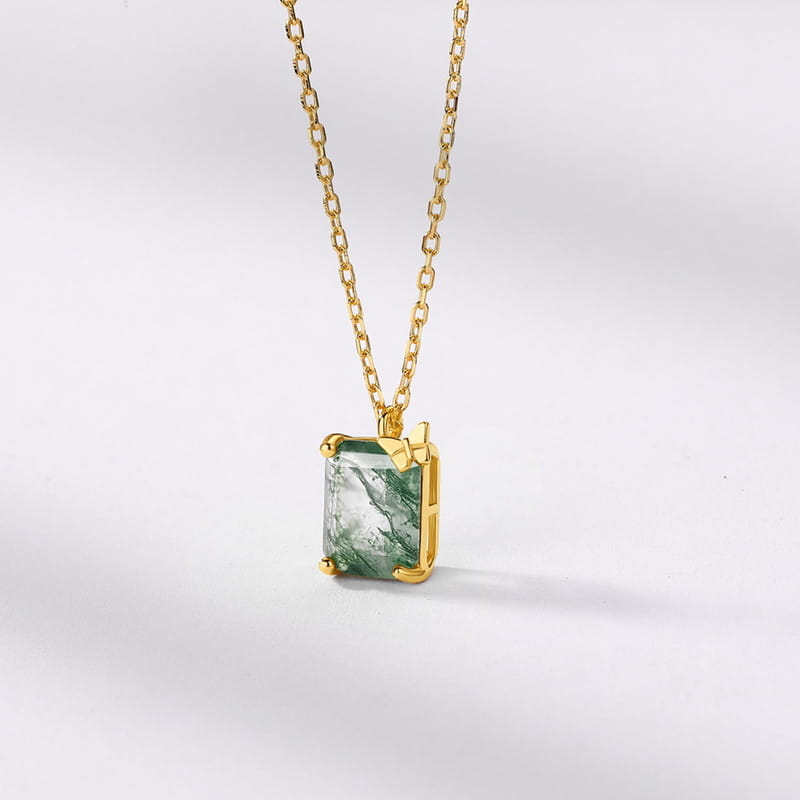 Emerald Cut Moss Agate Butterfly Necklace - 7x9mm Natural Gemstone Pendant