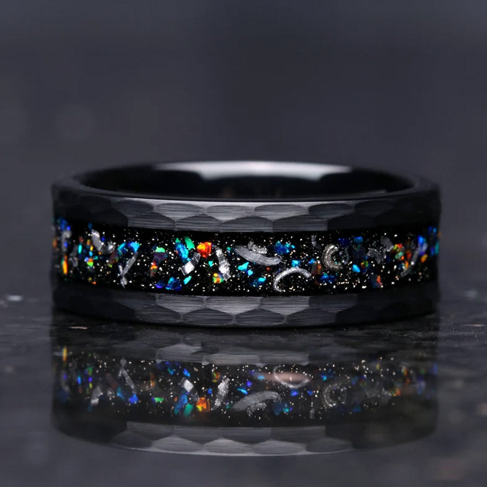 8mm tungsten gold men's wedding band steel hammered black ring inlaid with colored opal - PENFINE