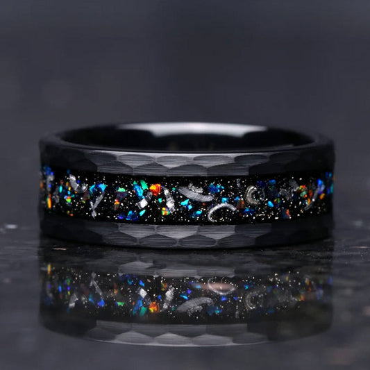 8mm tungsten gold men's wedding band steel hammered black ring inlaid with colored opal - PENFINE