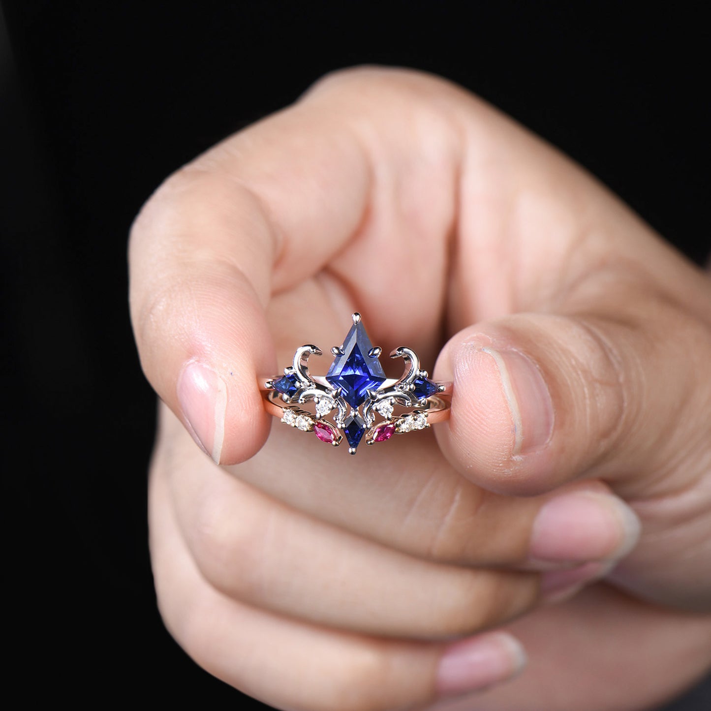 Unique Sapphire Ring Set Vintage Kite Cut Blue Sapphire Engagement Ring Open Gap Ruby Wedding Band Gold Bridal Set Anniversary Promise Gifts