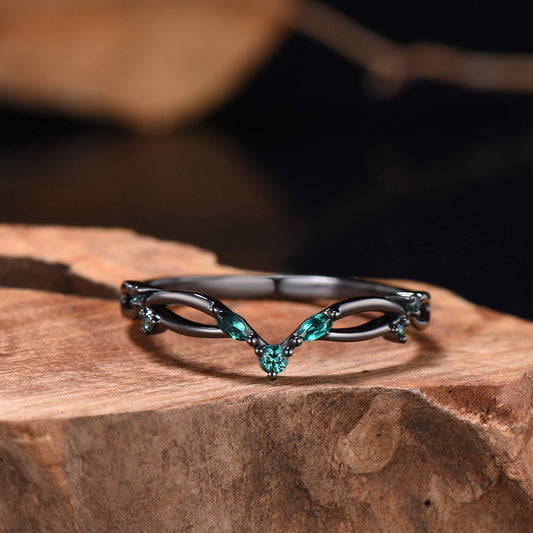 Black Gold Wedding Ring Mixed Cut Emerald V Curved 14k 18k Gold Matching Band Infinity Stacking Band Handmade Anniversary Gifts For Women