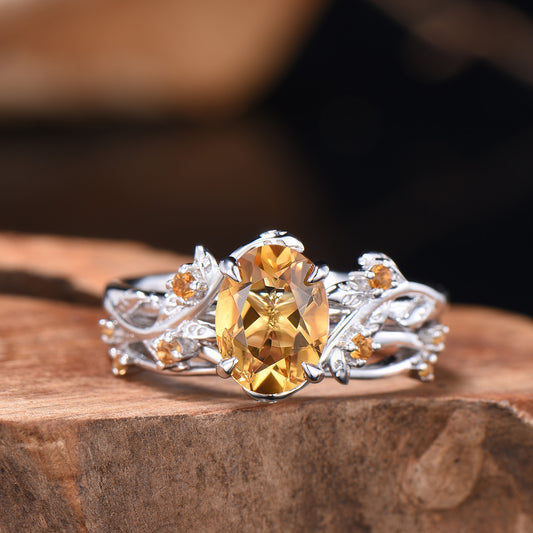 Oval Cut Natural Citrine Leaf Engagement Ring Set Nature Inspired Leafy Ring Bridal Set Anniversary Gifts