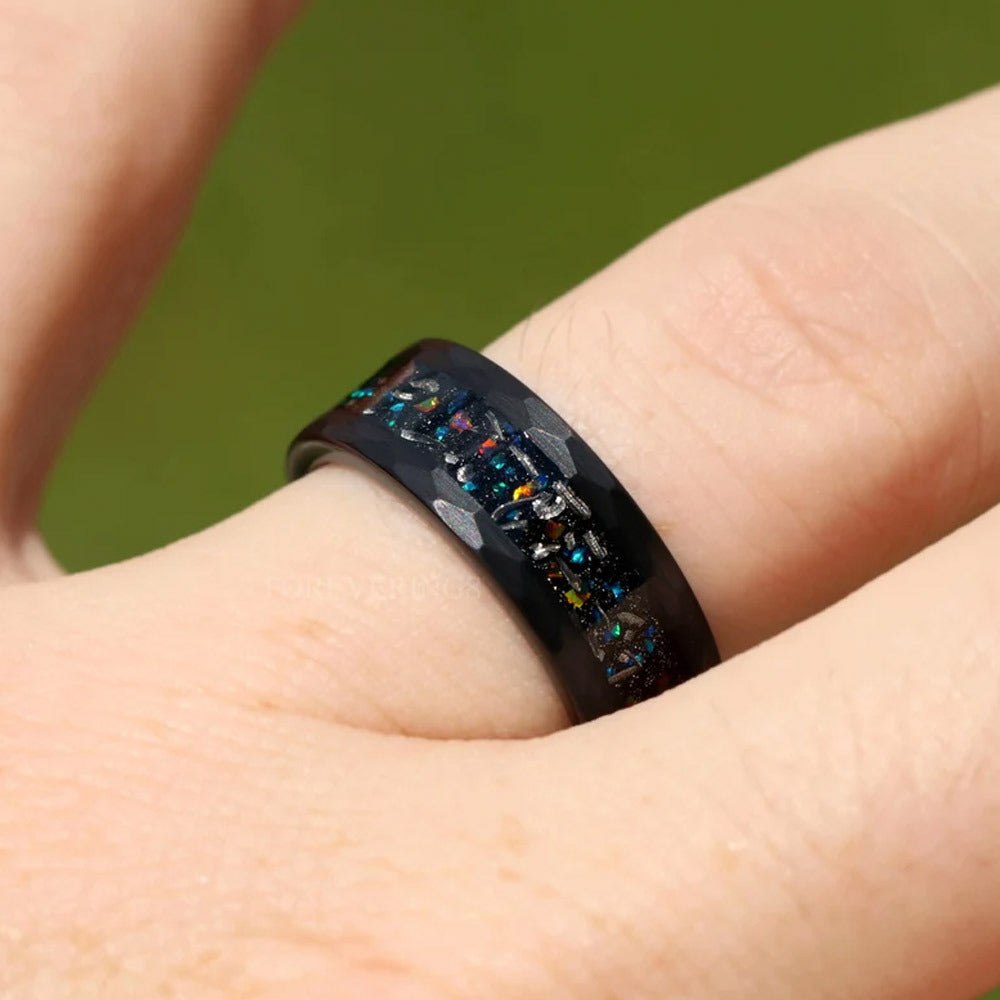8mm tungsten gold men's wedding band steel hammered black ring inlaid with colored opal - PENFINE