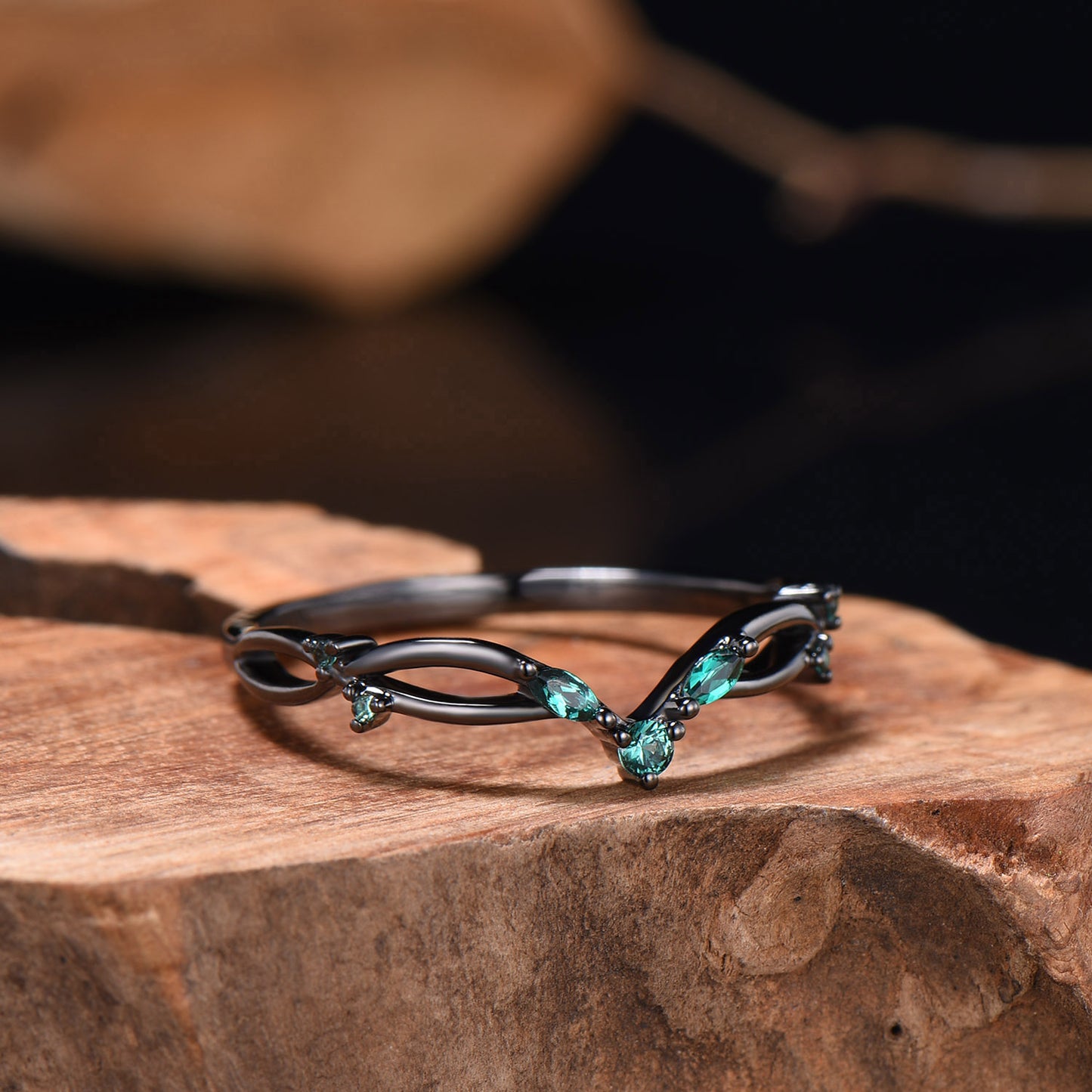 Black Gold Wedding Ring Mixed Cut Emerald V Curved 14k 18k Gold Matching Band Infinity Stacking Band Handmade Anniversary Gifts For Women