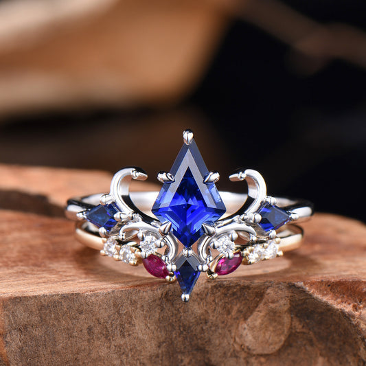 Unique Sapphire Ring Set Vintage Kite Cut Blue Sapphire Engagement Ring Open Gap Ruby Wedding Band Gold Bridal Set Anniversary Promise Gifts