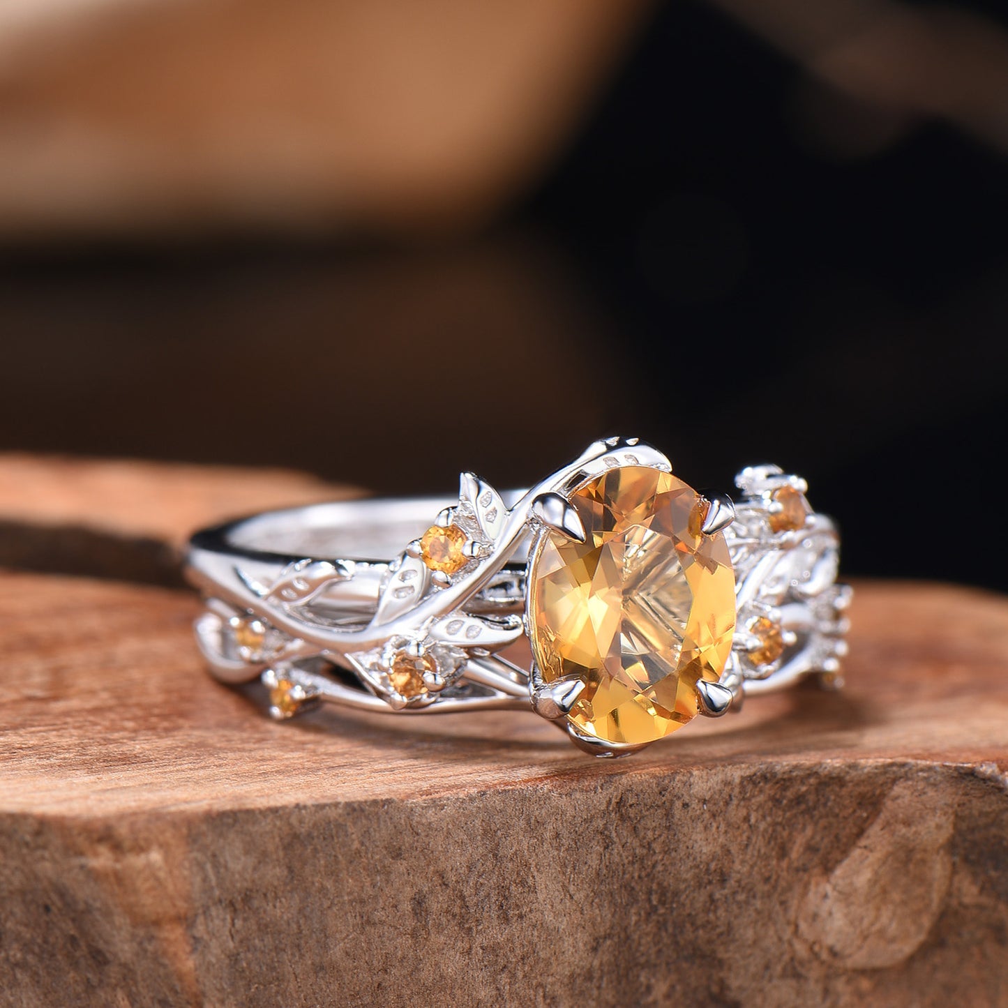 Oval Cut Natural Citrine Leaf Engagement Ring Set Nature Inspired Leafy Ring Bridal Set Anniversary Gifts