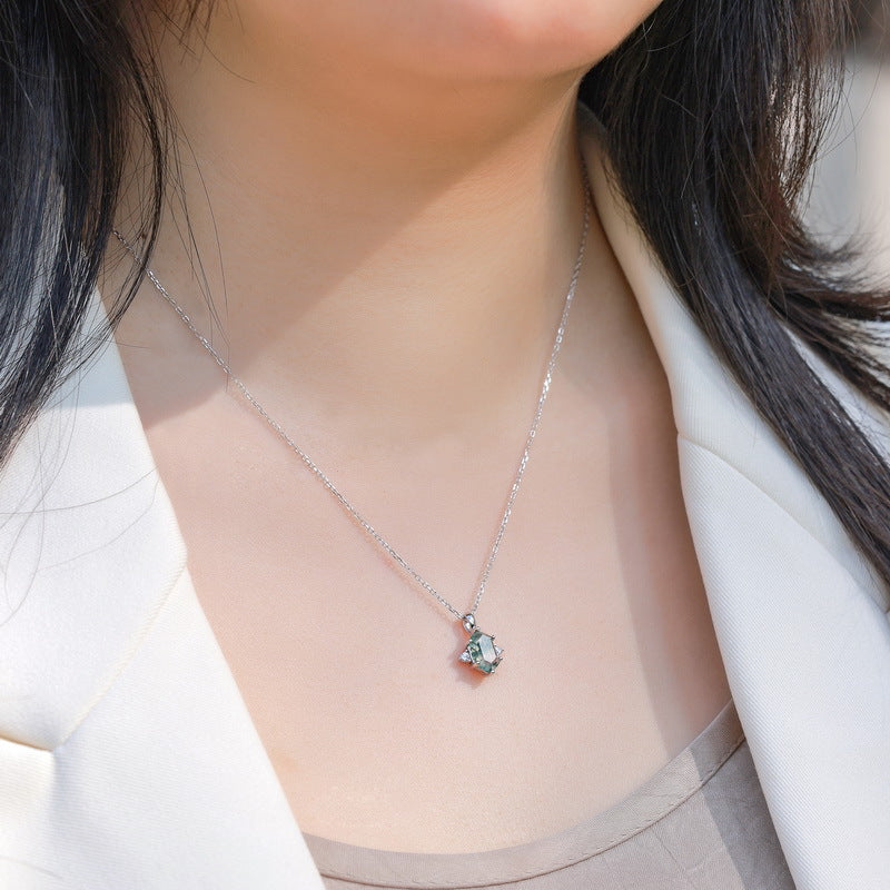Hexagon Moss Agate Pendant Necklace- Three Stone