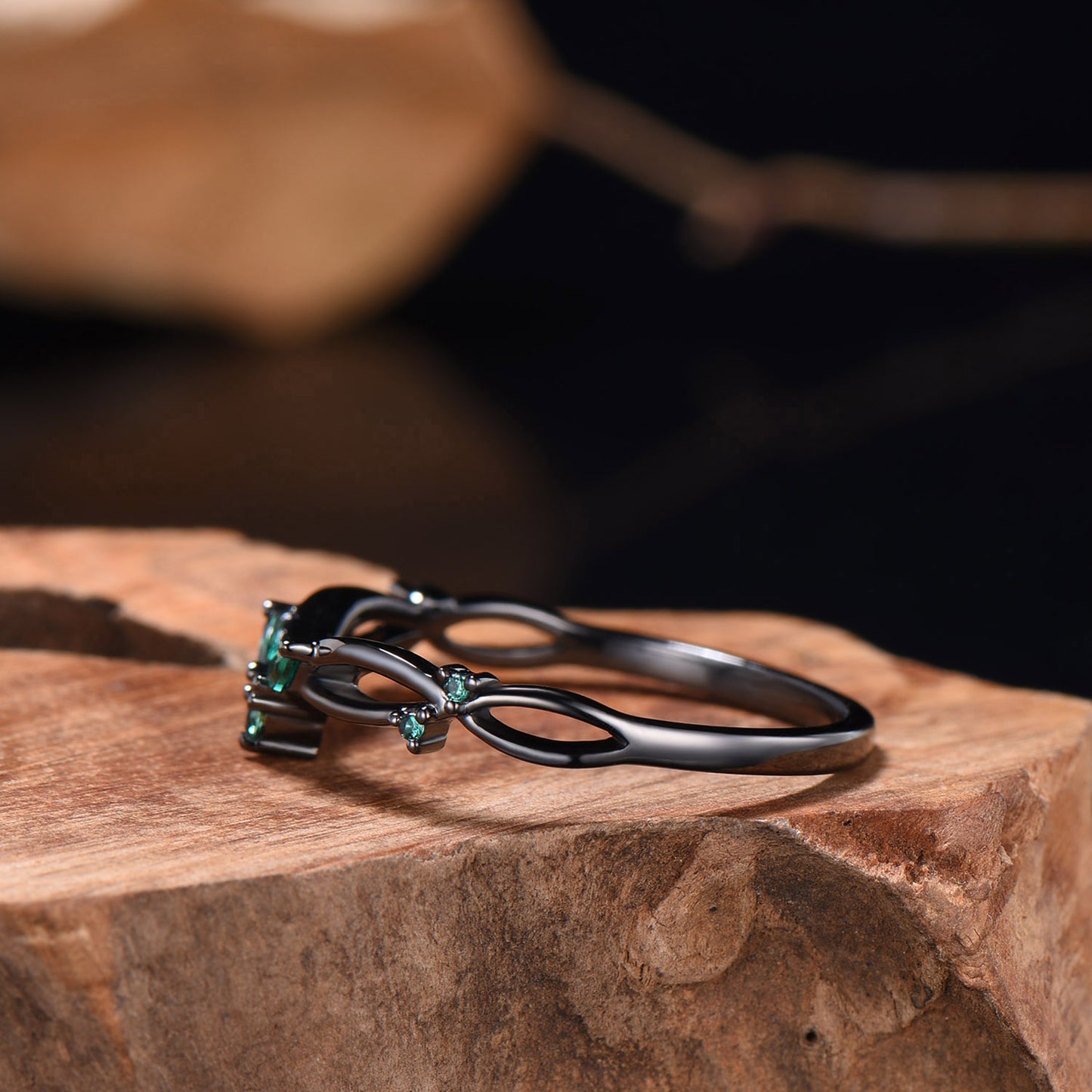 Black Gold Wedding Ring Mixed Cut Emerald V Curved 14k 18k Gold Matching Band Infinity Stacking Band Handmade Anniversary Gifts For Women