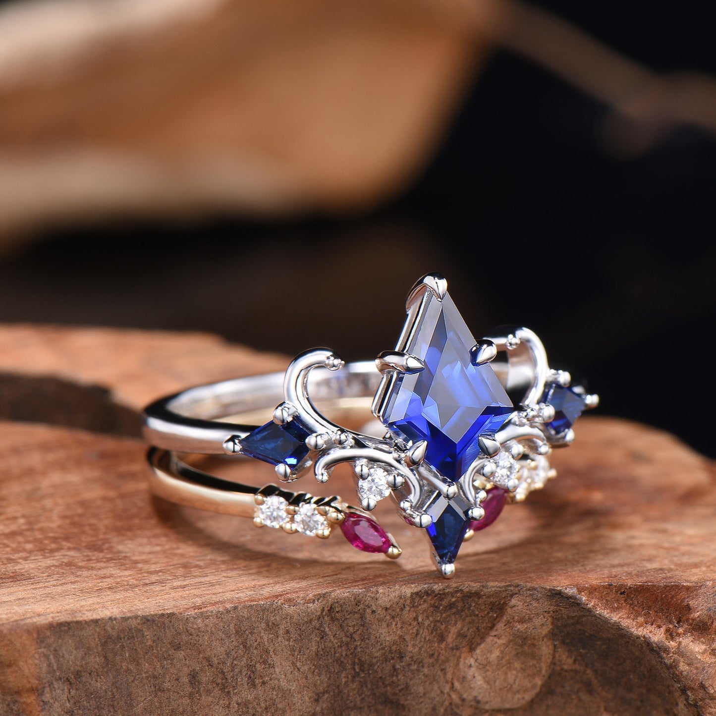 Unique Sapphire Ring Set Vintage Kite Cut Blue Sapphire Engagement Ring Open Gap Ruby Wedding Band Gold Bridal Set Anniversary Promise Gifts