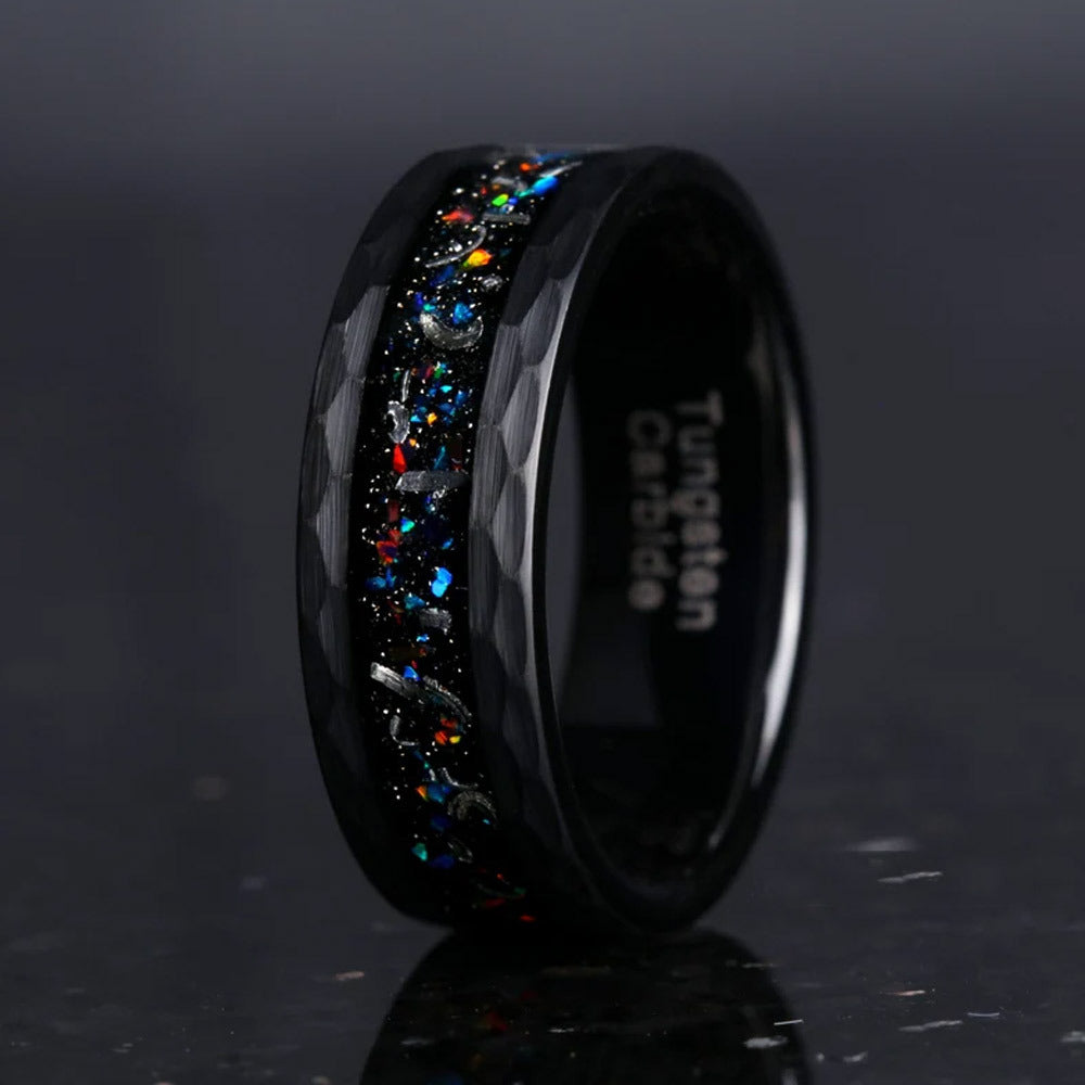 8mm tungsten gold men's wedding band steel hammered black ring inlaid with colored opal - PENFINE