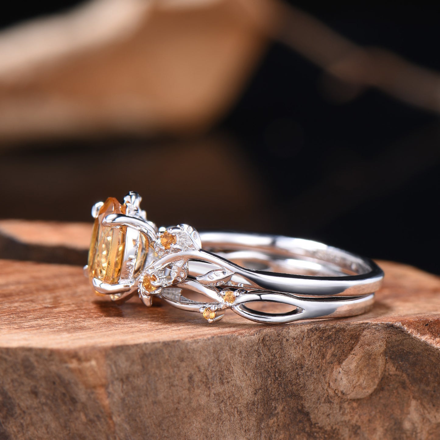 Oval Cut Natural Citrine Leaf Engagement Ring Set Nature Inspired Leafy Ring Bridal Set Anniversary Gifts