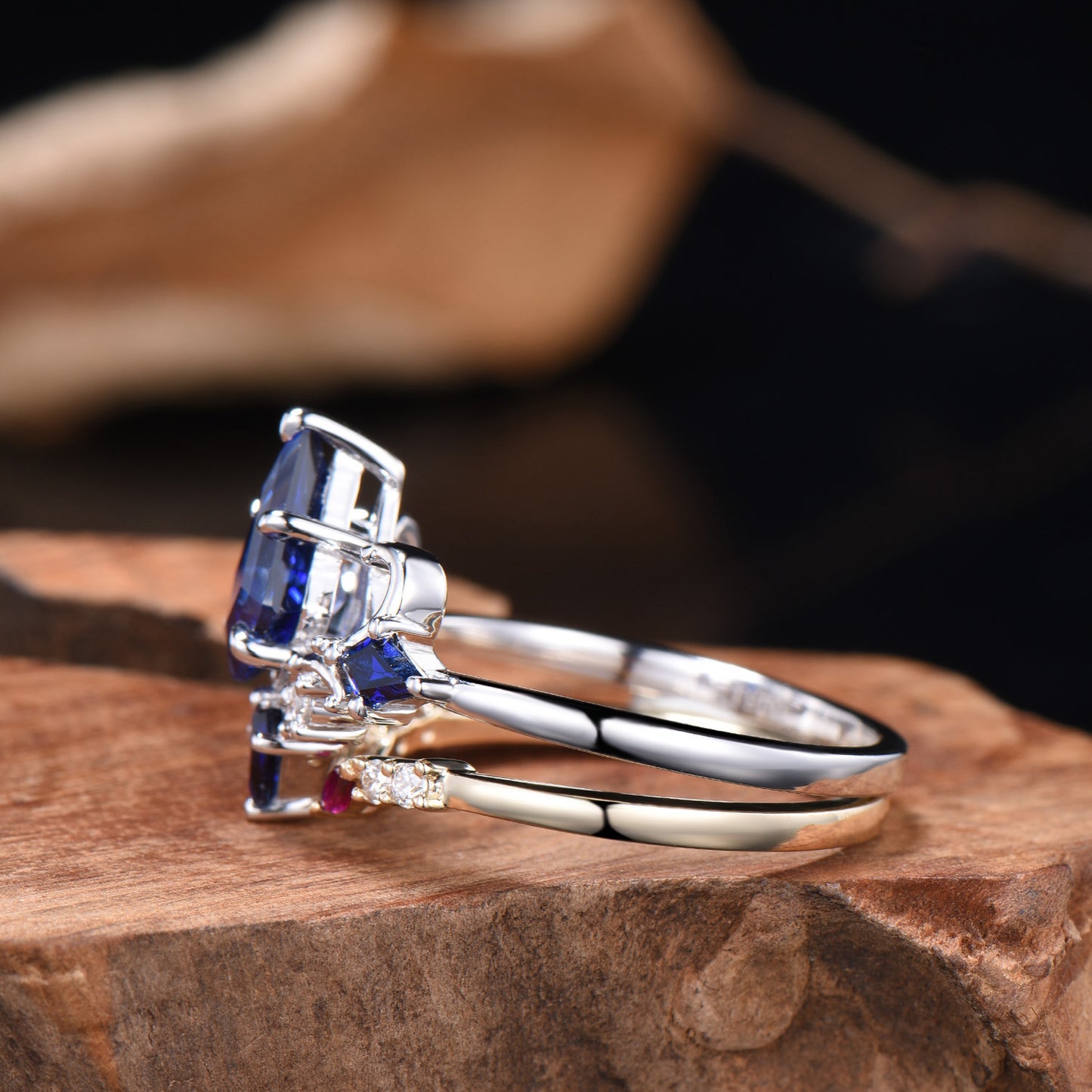 Unique Sapphire Ring Set Vintage Kite Cut Blue Sapphire Engagement Ring Open Gap Ruby Wedding Band Gold Bridal Set Anniversary Promise Gifts