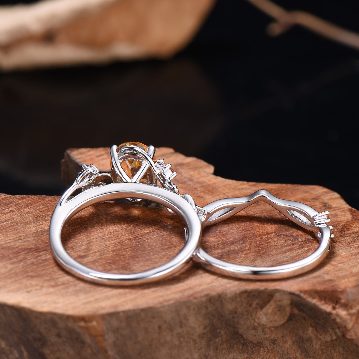 Oval Cut Natural Citrine Leaf Engagement Ring Set Nature Inspired Leafy Ring Bridal Set Anniversary Gifts
