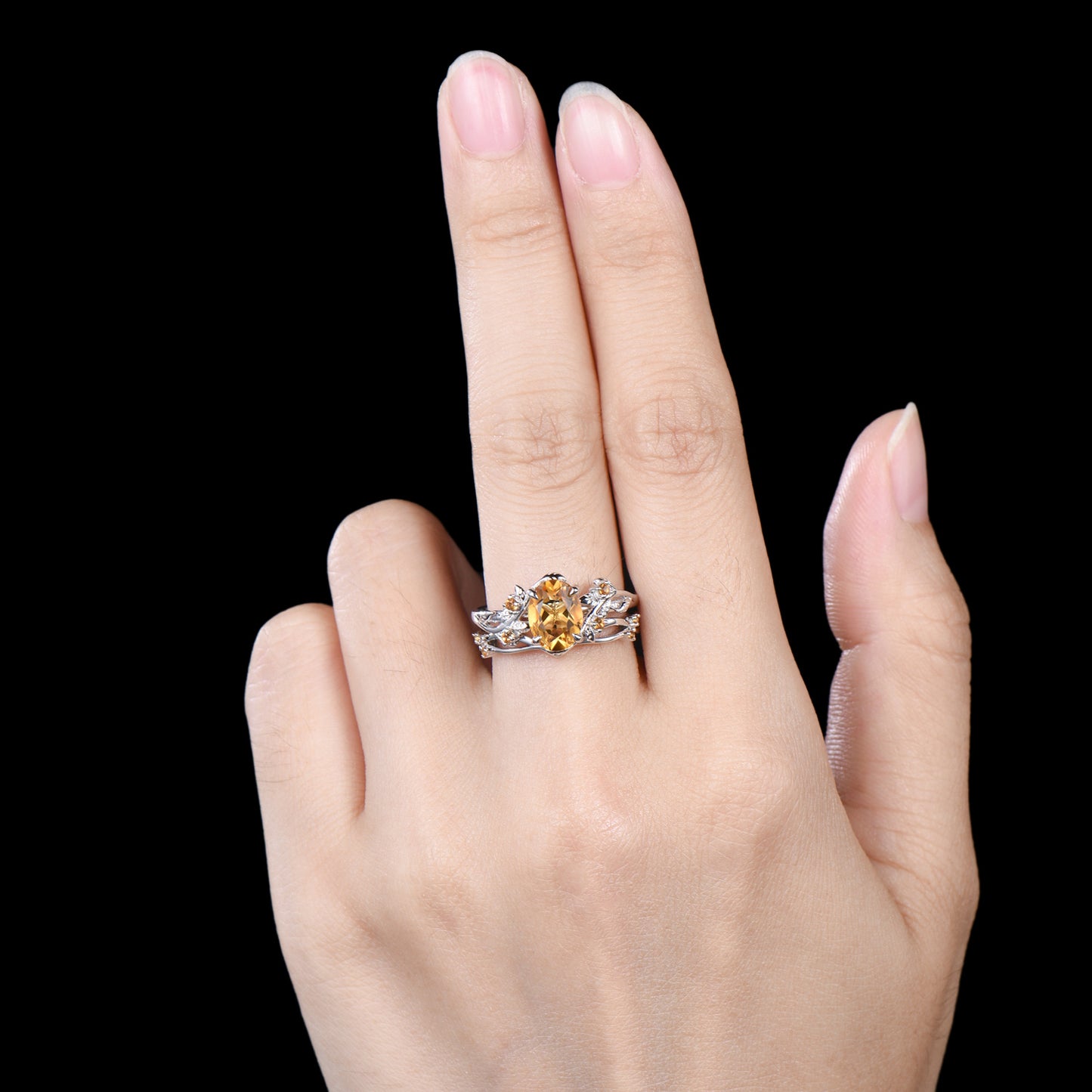 Oval Cut Natural Citrine Leaf Engagement Ring Set Nature Inspired Leafy Ring Bridal Set Anniversary Gifts