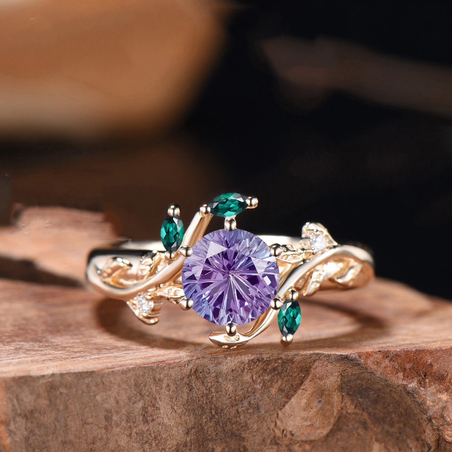 Special Round Shaped Firework Cut Color-change Alexandrite Engagement Ring Marquise Gems Twig Leaf Natural Inspired Ring Anniversary Gifts