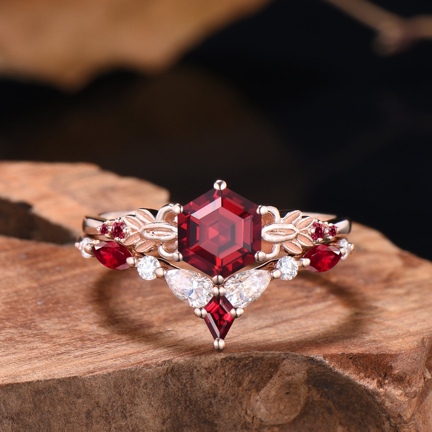 Unique Ruby Wedding Ring Set Cute 1CT Hexagon Cut Ruby Leaf Engagement Ring Moissanite Curved Matching Band Anniversary Gifts For Women