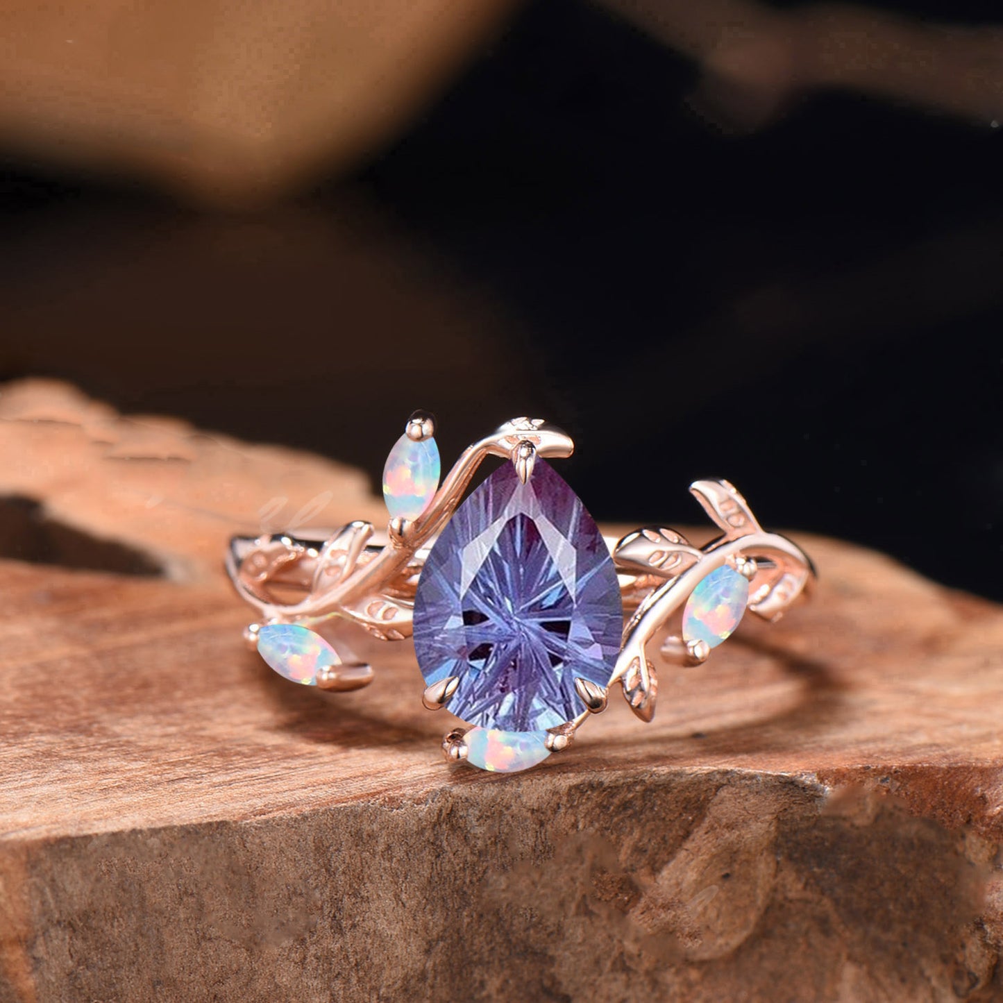 Pear Shaped Alexandrite Engagement Ring Unique Firework Cut Color-change Stone Twig Leaf Ring Marquise Gems Inspired Ring Anniversary Gift