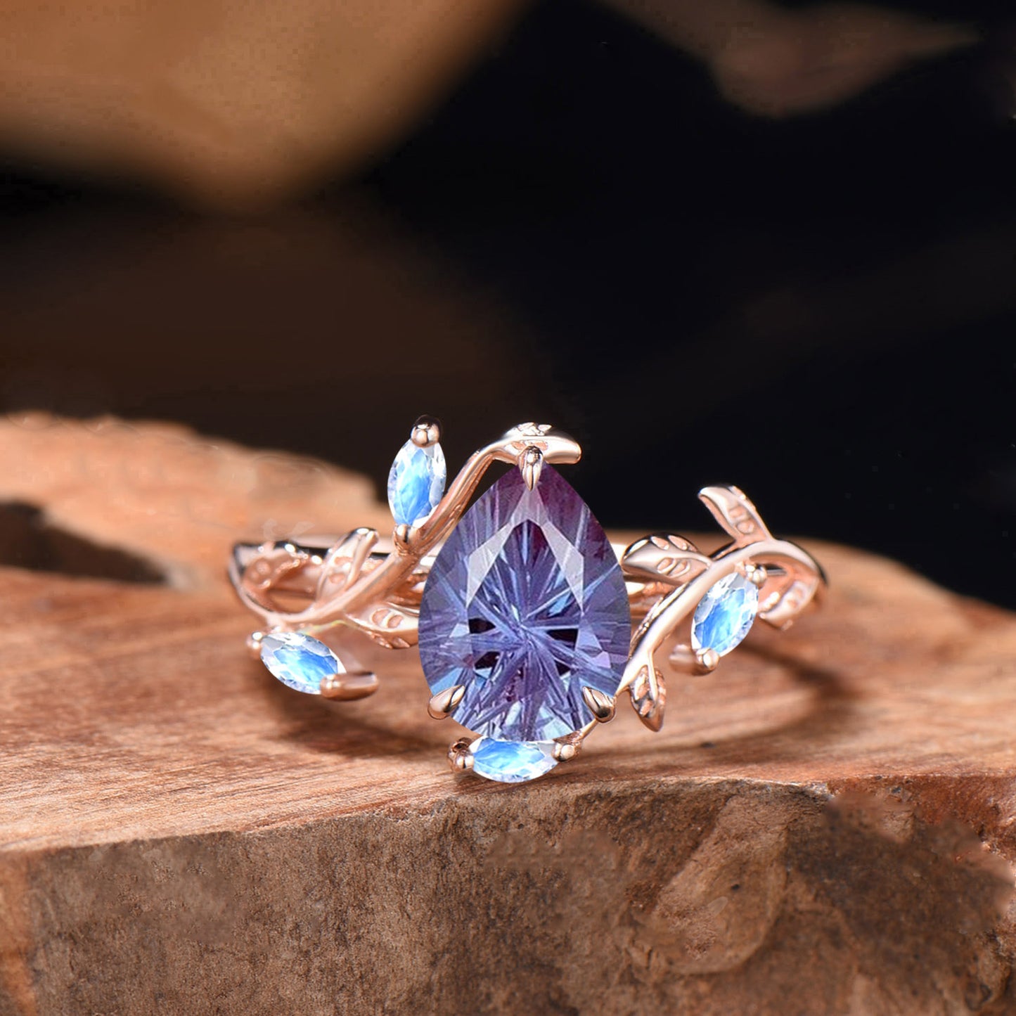 Pear Shaped Alexandrite Engagement Ring Unique Firework Cut Color-change Stone Twig Leaf Ring Marquise Gems Inspired Ring Anniversary Gift
