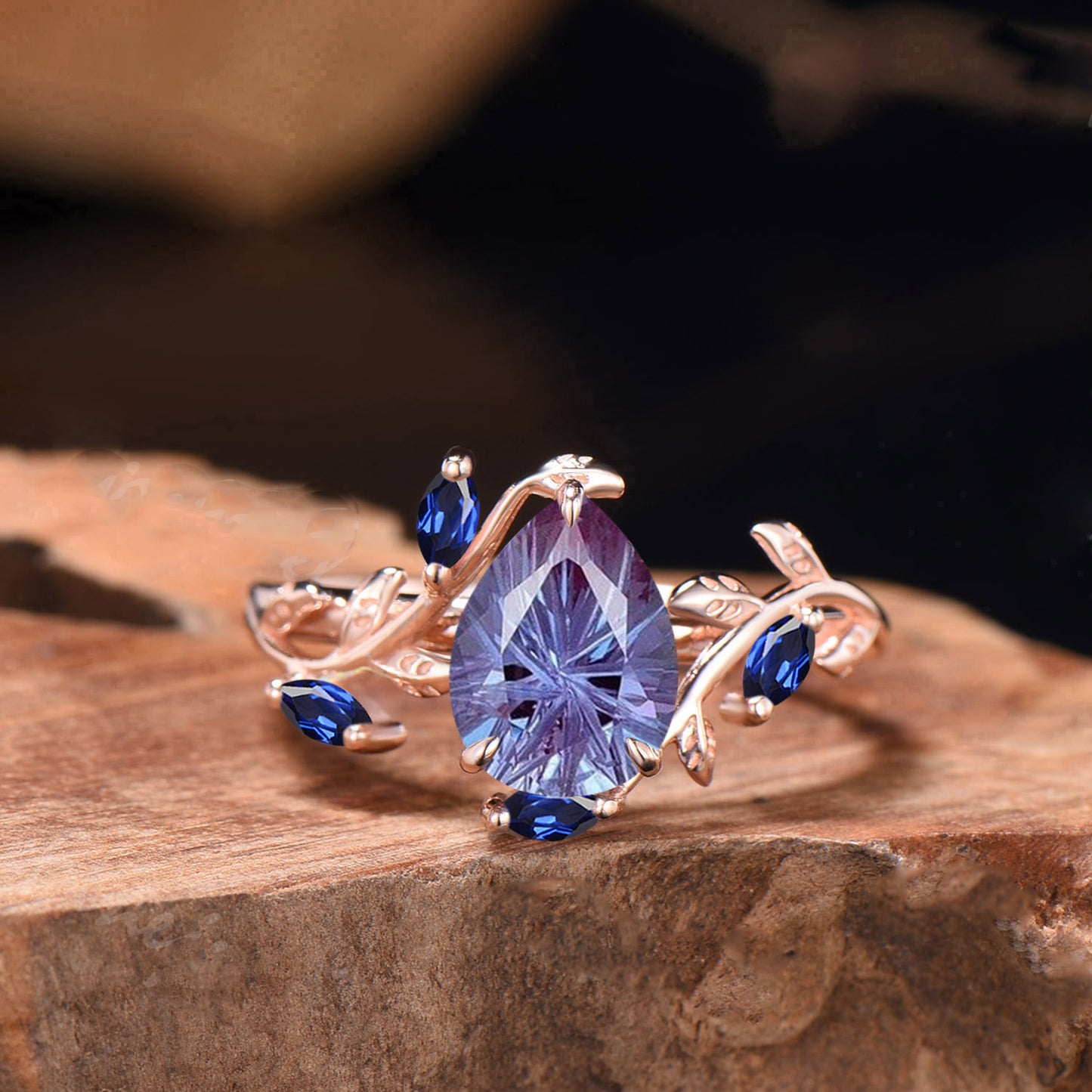 Pear Shaped Alexandrite Engagement Ring Unique Firework Cut Color-change Stone Twig Leaf Ring Marquise Gems Inspired Ring Anniversary Gift