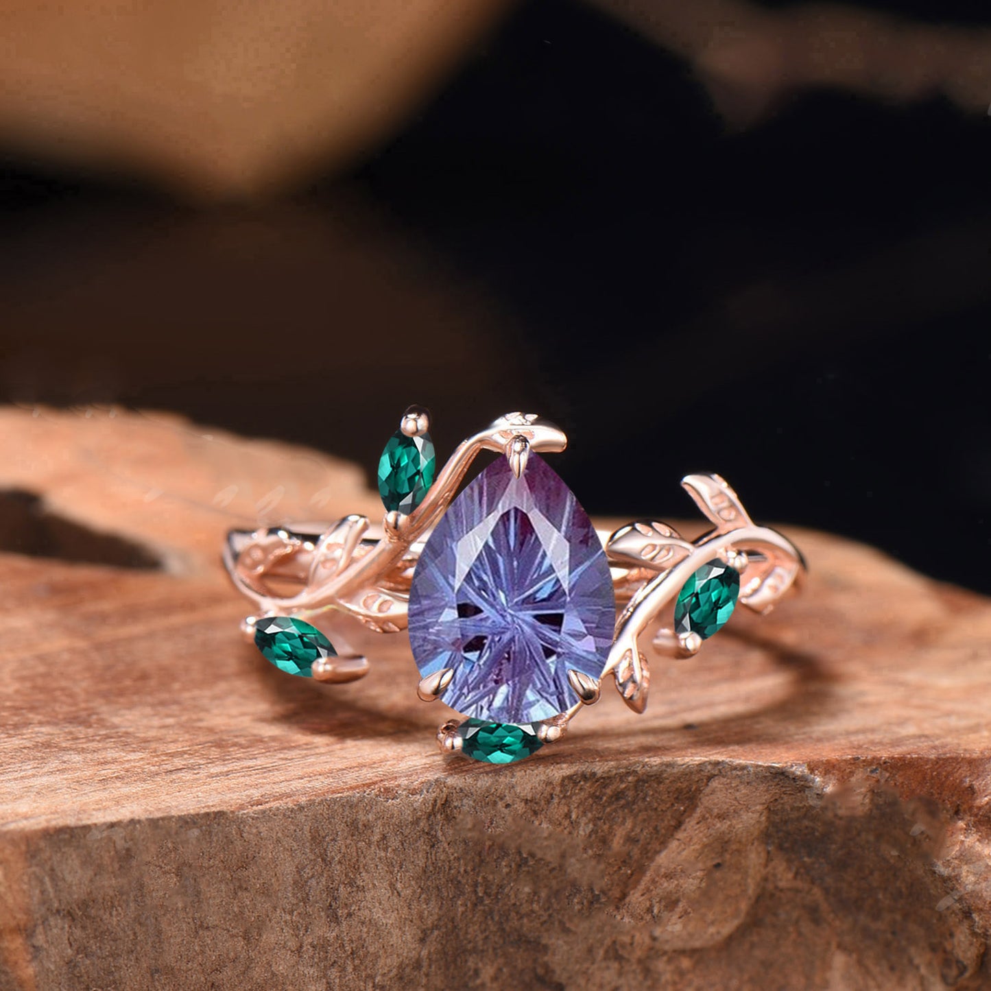 Pear Shaped Alexandrite Engagement Ring Unique Firework Cut Color-change Stone Twig Leaf Ring Marquise Gems Inspired Ring Anniversary Gift