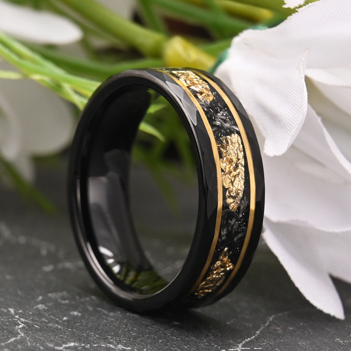 8mm tungsten gold men's wedding band Flat hammered black ring inlaid with meteorite and gold platinum - PENFINE