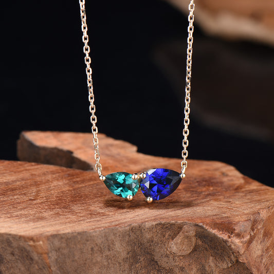 Teardrop Cut Sapphire Emerald Necklace Delicate Yellow Gold Toi et Moi Wedding Pendant September May Birthstone Necklace Anniversary Gifts