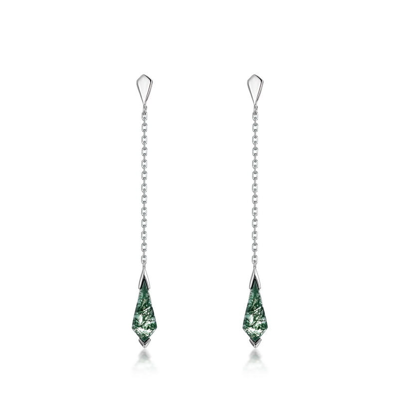 Kite Cut Moss Agate Long Drop Earrings - 4x12mm Natural Mossy Green Stone Dangles