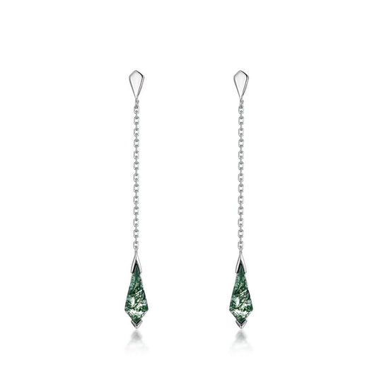 Kite Cut Moss Agate Long Drop Earrings - 4x12mm Natural Mossy Green Stone Dangles